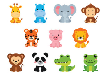 Obraz premium Cute cartoon animals giraffe hippo elephant monkey tiger pig lion panda crocodile frog