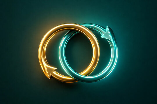 Metallic interlocking arrows in gold and teal, glowing circular recycle symbols, 3d infinity loop concept for sustainable business and partnership