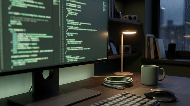 Software developer workspace with code on monitor at rainy night