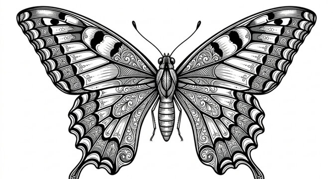 Realistic butterfly engraving illustration intricate wing pattern vector art isolated on white background