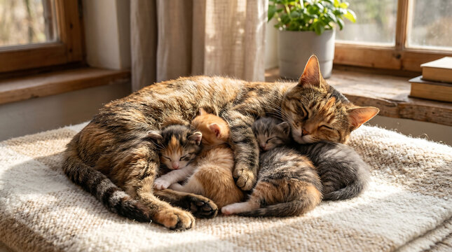 Mother cat nursing and cuddling her newborn kittens on a soft blanket