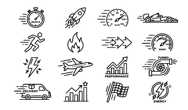 Speed and performance line vector icon set rocket racing and acceleration symbols