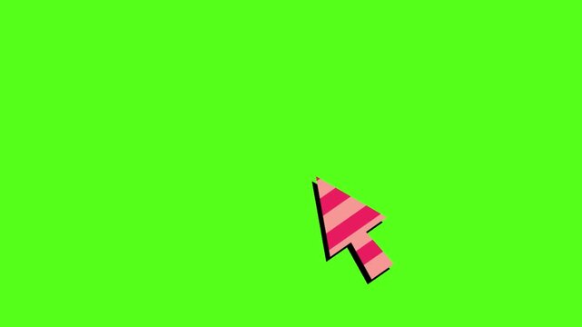 Animated cursor mouse pointer moving across a vibrant green screen background featuring three distinct pink and white striped cursors in a dynamic sequence perfect for digital interfaces web design