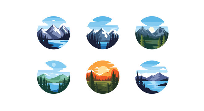 Collection of colorful circular landscape badges featuring mountains, pine forests, lakes, and sunrises in a flat vector illustration style.