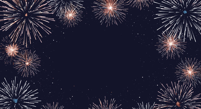 Festive frame made of colorful exploding fireworks on a dark blue starry night background for celebration and holiday greeting cards.