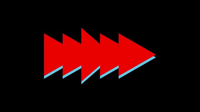 Dynamic animation of three red forward pointing arrows with serrated edges and light blue undersides moving right across a black background symbolizing progress direction and momentum in a digital