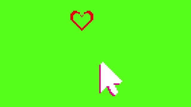 Animated pixel art of computer mouse cursors clicking on red hearts on green background