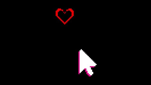 Pixel art cursor clicks with heart symbols on black background digital illustration