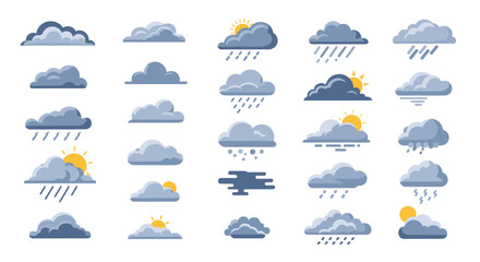 Obraz premium Comprehensive set of weather icons showing different sky conditions including sunny, cloudy, rain, snow, and thunderstorms for forecast apps.