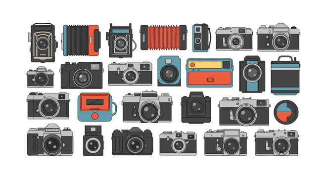 Grid of diverse vintage film and modern digital cameras in various colors and styles for photography enthusiasts and retro design themes.