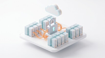 Obraz premium 3D Isometric Cloud Computing Data Center With Security Padlock