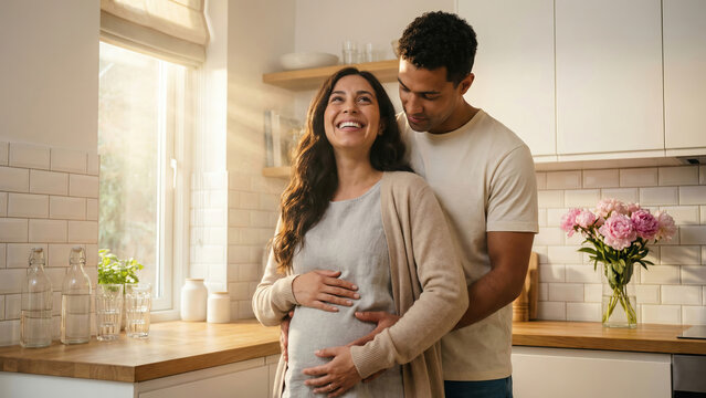 Happy expectant couple embracing in their modern kitchen, celebrating their pregnancy.