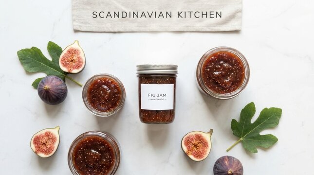 Homemade fig jam in jars with fresh figs and leaves on a marble surface
