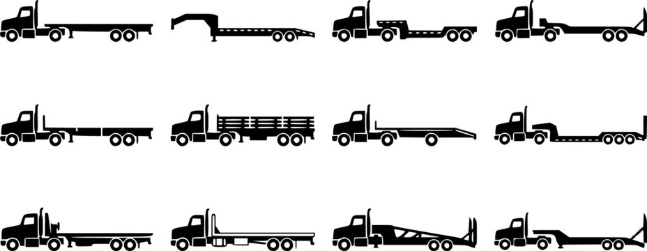 Big tex trailers silhouette icon set, flat black glyph 
style, pure white background