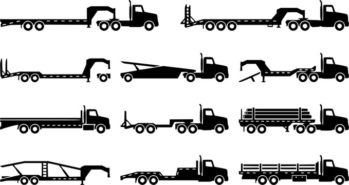 Big tex trailers silhouette icon set, flat black glyph 
style, pure white background