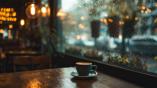 Cozy cafe window view with a cup of coffee on a rainy day