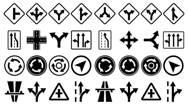 Road intersection warning signs and traffic junction symbols