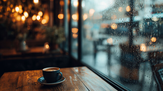 Nostalgic coffee break time with blurred city lights through rainy glass