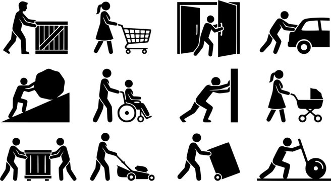 People pushing pose silhouette icon set, flat black glyph 
style