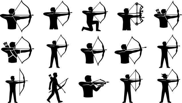 Archery silhouette icon set, flat black glyph 
style, pure white background