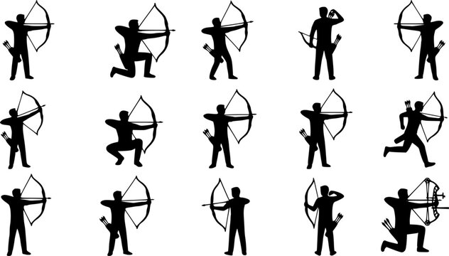 Archery silhouette icon set, flat black glyph 
style, pure white background