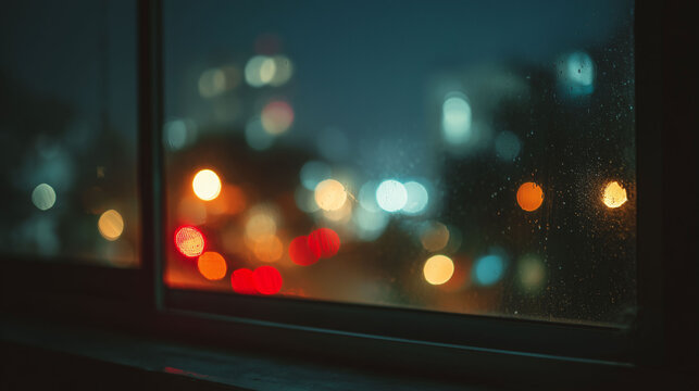Raindrops on a window pane with blurry colorful city traffic lights at night