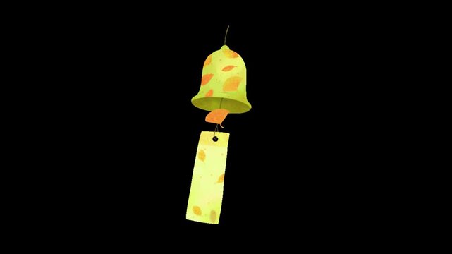 Animated wind chimes swaying in the wind with yellow bells and metal clappers on black background