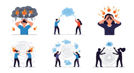 Fototapeta premium Illustration set exploring various mental health concepts including stress, internal conflict, emotional regulation, and mindfulness meditation.