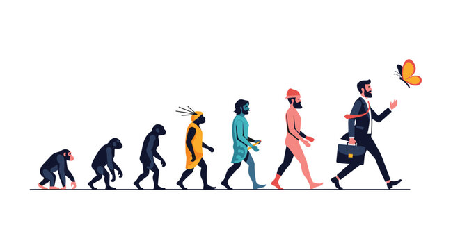 Human evolution timeline showing the progress from primitive primates to a modern businessman chasing a butterfly in a clean vector style.