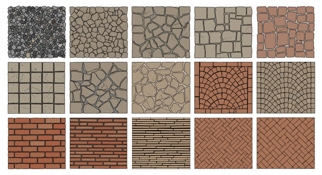 Architectural texture patterns featuring a wide range of stone walls, brickwork, and pavement styles for building and landscaping design.
