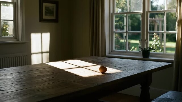 Light shines through window onto wooden table with an orange placed in sunlight. View captures cozy home environment with garden visible outside. Concept of interior design, home decor, photography