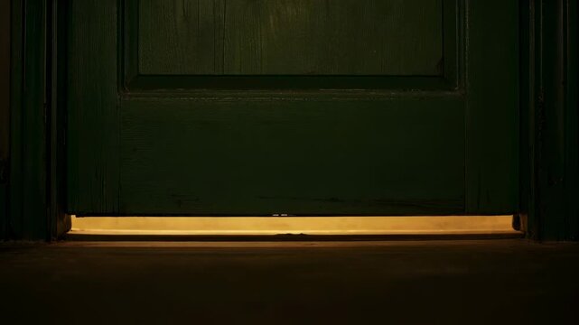 Light glows from underneath dark green door in hallway. The narrow beam illuminates floor creating mysterious mood. Concept of home security, suspense storytelling, horror productions