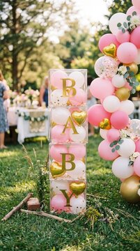 Pink and gold baby shower decorations, outdoor garden party with balloon arch and letter boxes, festive celebration for a baby girl