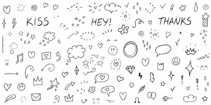 Hand drawn doodle collection with words and symbols black and white vector illustration