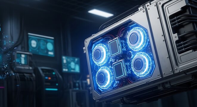 Advanced futuristic technology module with glowing blue lights and intricate circuitry in a dimly lit laboratory setting