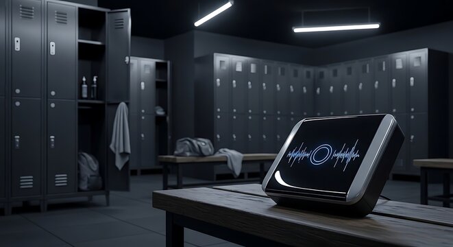 Modern gym locker room with open lockers and benches, featuring a futuristic smart speaker device with sound wave display on a table, conveying technology and fitness.