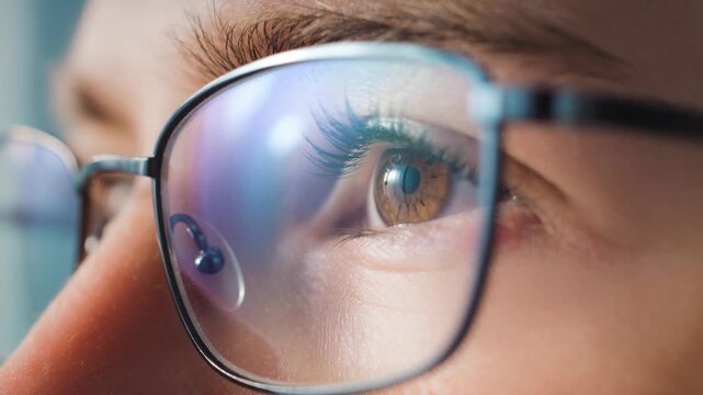 Close up of eye through glasses with digital reflections showing technology and thoughtful focus