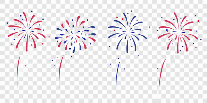 Four Patriotic Fireworks Explosions Vector Illustration With Transparent Background