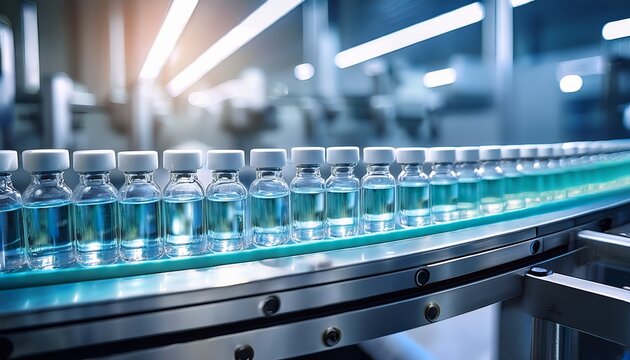 vials of new medication on a conveyor belt mass pharma industrial production