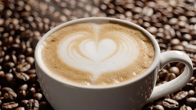 Closeup of a HeartShaped Latte Art in a White Cup Surrounded by Coffee Beans.