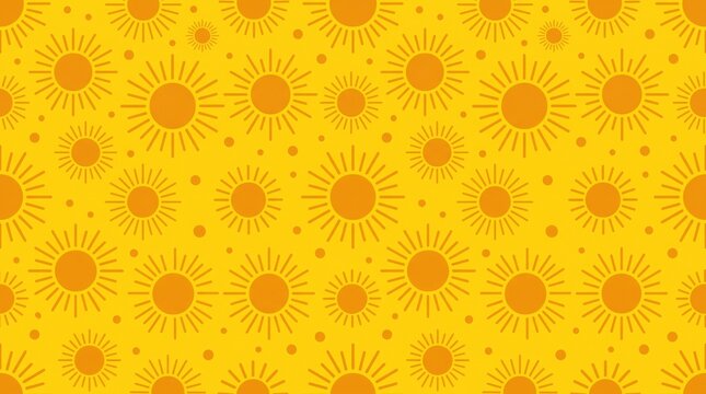 Vibrant yellow sun pattern, seamless summer sunburst background, cheerful orange sunshine wallpaper, repeating solar icons for seasonal design