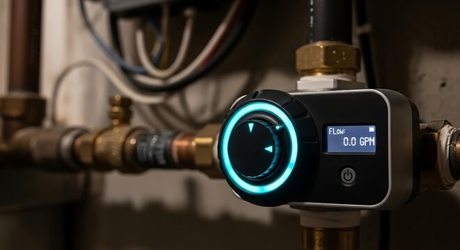 Smart water valve with digital display and glowing ring controlling home plumbing system for efficient water management