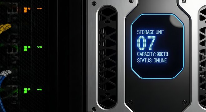 Advanced server rack with glowing blue display showing storage unit status online and high capacity in a modern data center.