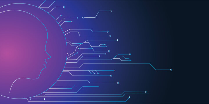 Digital circuit head on blue background with binary code. AI and innovate concept. 3D Rendering