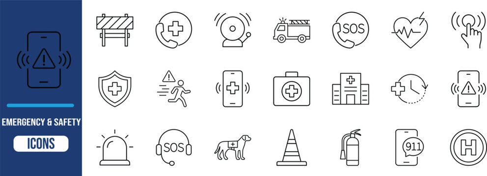 Emergency medical safety line icons. fire truck icon set, hospital icon set, first aid kit icon set