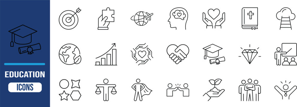Social business education values line icons. target icon set, globe icon set, barchart icon set