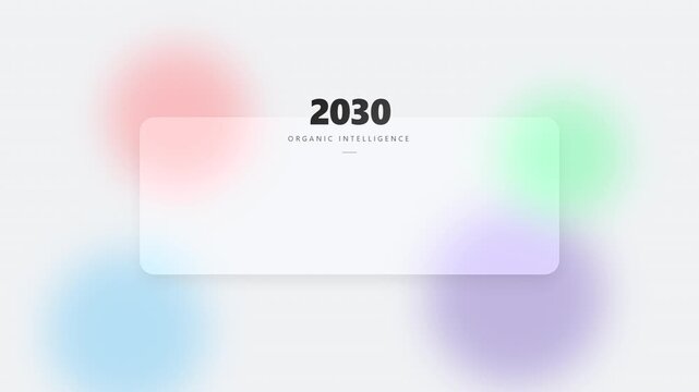 2030 Organic Intelligence text on a frosted glass rectangle with blurred pastel colors