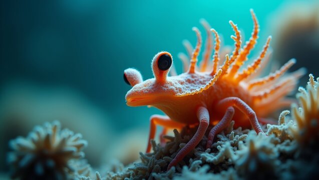 Orange frogfish with spiky fins resting on coral reef in a vibrant underwater scene, showcasing marine life and colorful ocean environment