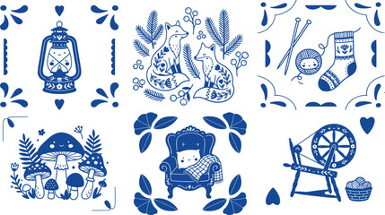 Fototapeta premium Charming Scandinavian-inspired folk art patterns featuring woodland creatures, cozy home elements, and crafting tools for a whimsical aesthetic