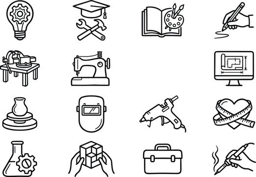 Craft workshop and creative hobby outline icon set with sewing machine pottery welding glue gun and tools